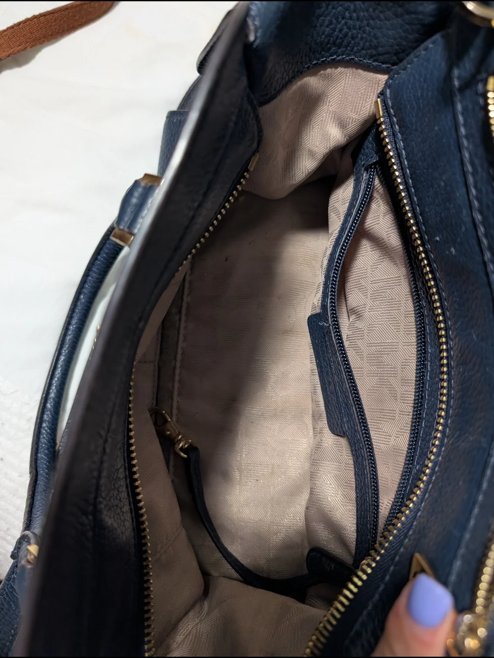 Michael Kors Navy Pebbled Leather Satchel with Gold Hardware